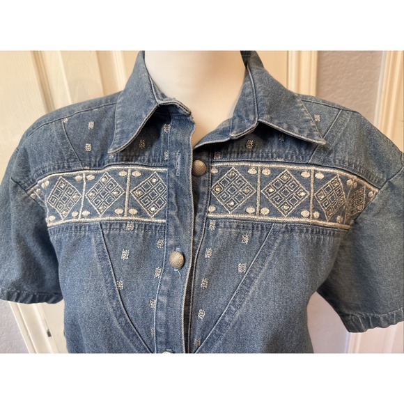 City Girl Tops - Vintage 80s City Girl Denim Western Embroidered Blouse Denim Shirt Size 6 P
